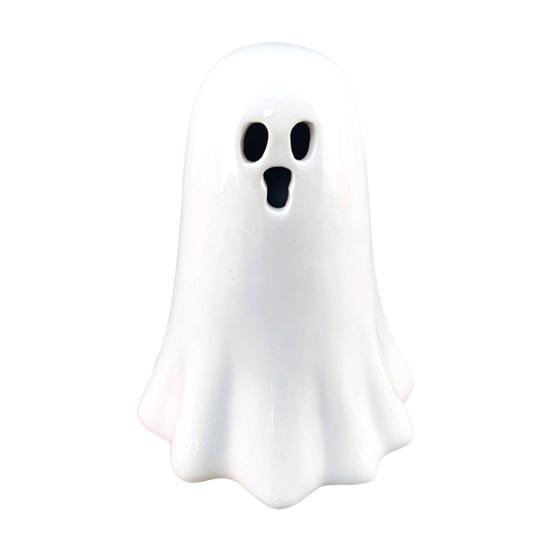 Desktop Atmosphere Light Ceramic Hollow Ghost Night Light, Cute Halloween LED Glow Decorative Window Ornaments Lamp, White Ceramics Figurine
