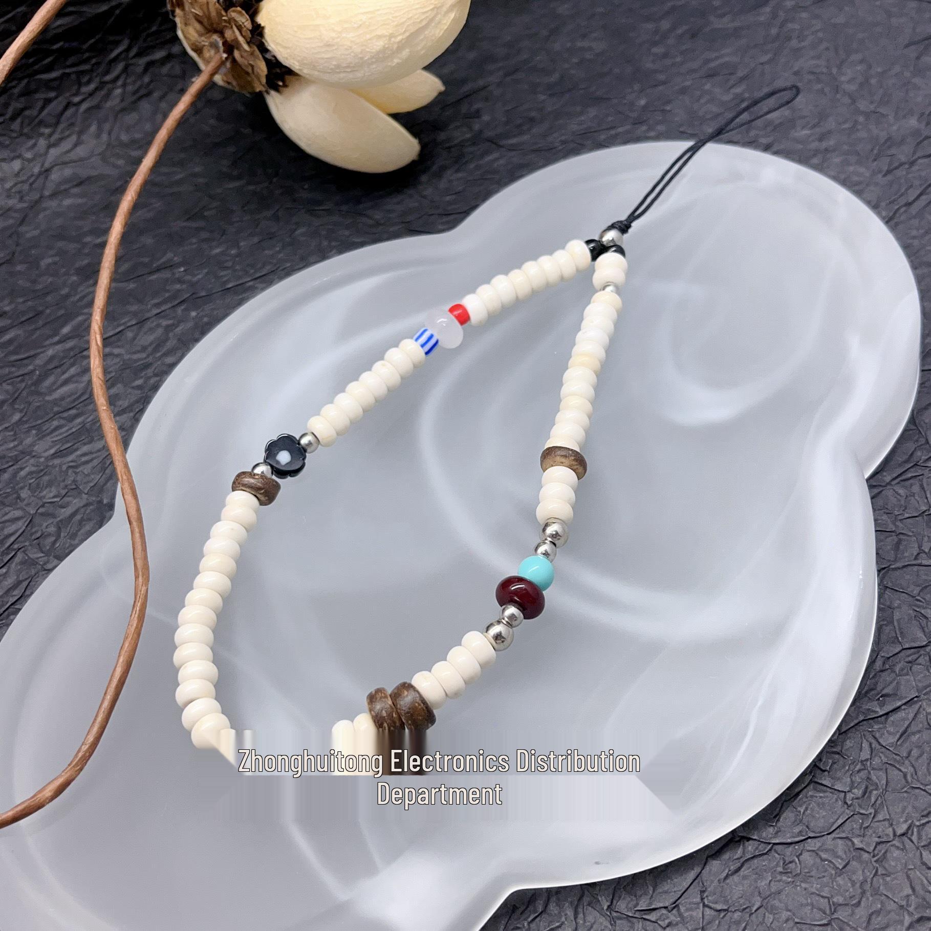 Handmade Black Beaded Flower Wrist and Phone Lanyard