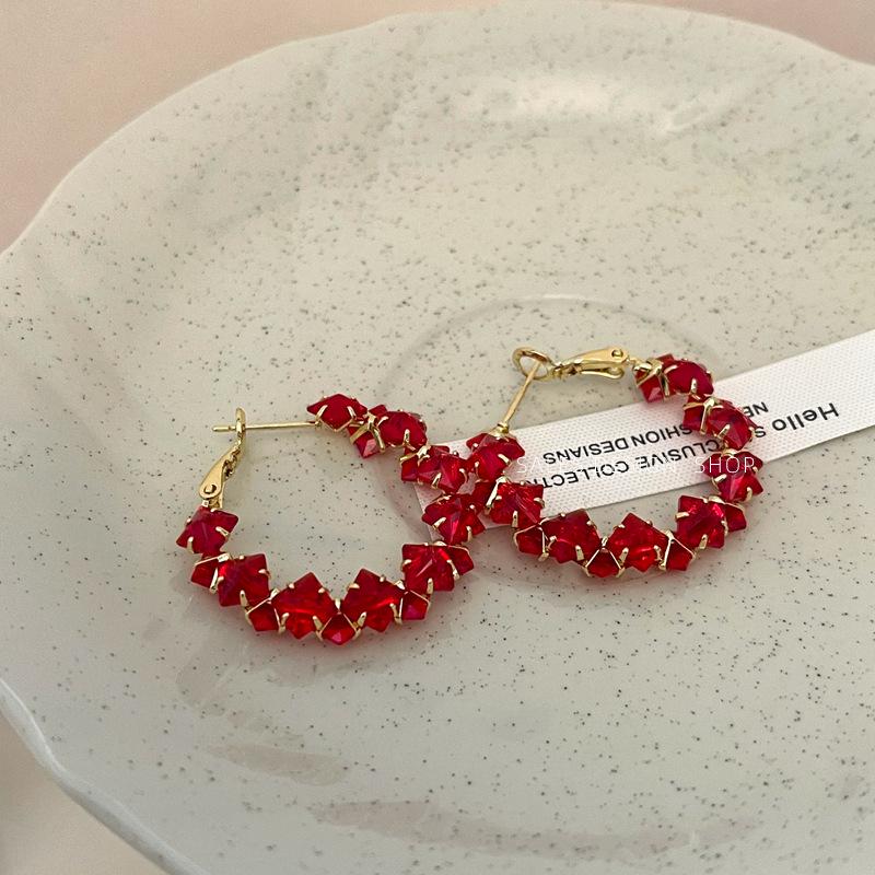 Korean Style Red Zirconia Hoop Earrings - Sparkly, Luxurious, Fashionable, and Versatile Accessories for Women