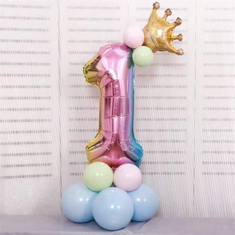 Gradient Color Crown Number Balloon Pillar, 32-40 Inch, First Birthday Party Decoration