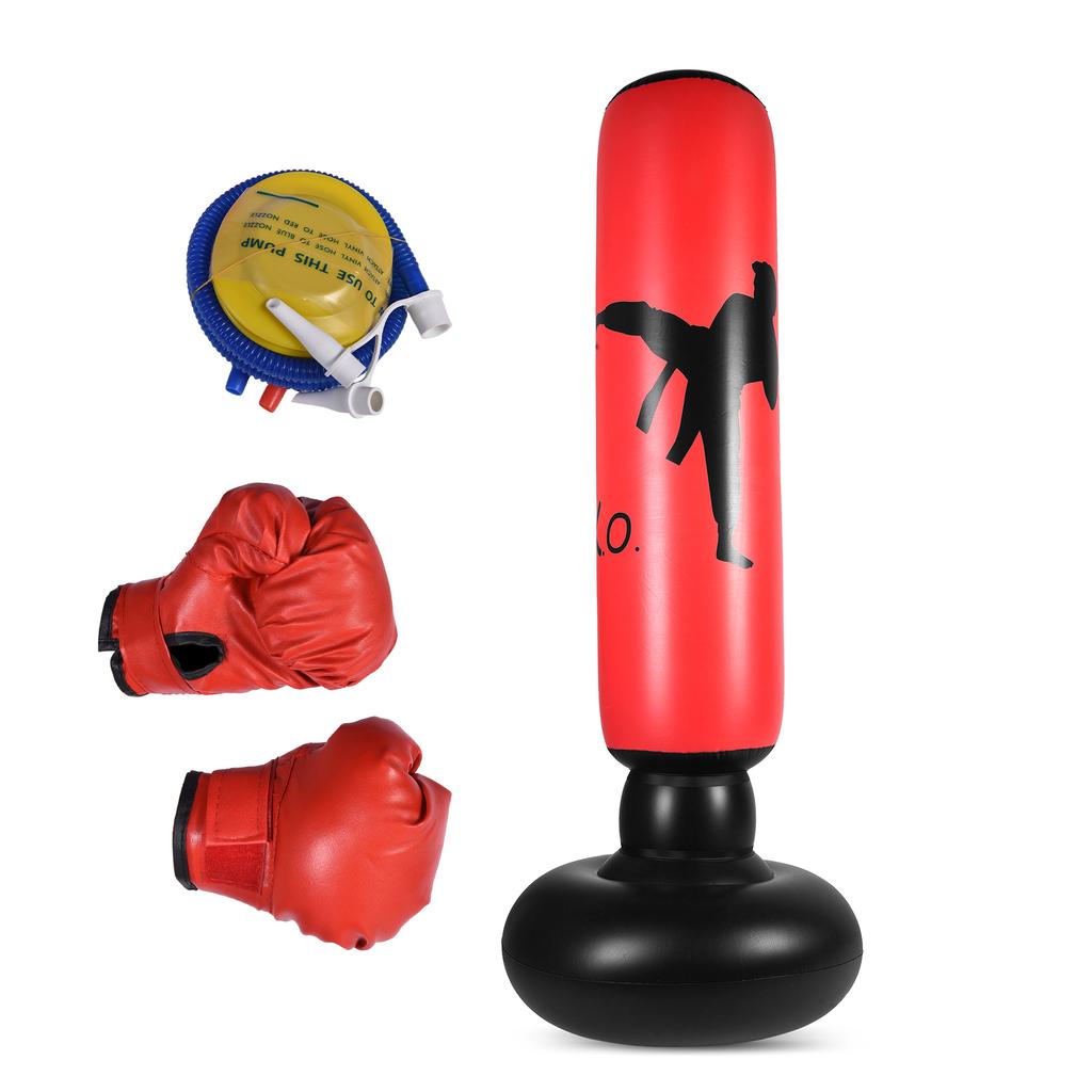 Inflatable Kids Punching Bag with Foot Pump and Gloves for Family Fun Indoor Outdoor Punch Bag for Kids Red and Black 1