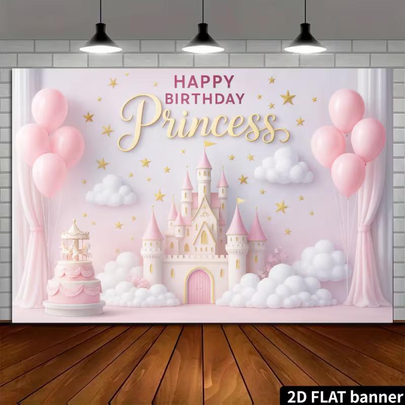 2D Princess Birthday Backdrop - Pink Balloon & Castle Banner for Girl's Magical Birthday Photoshoot