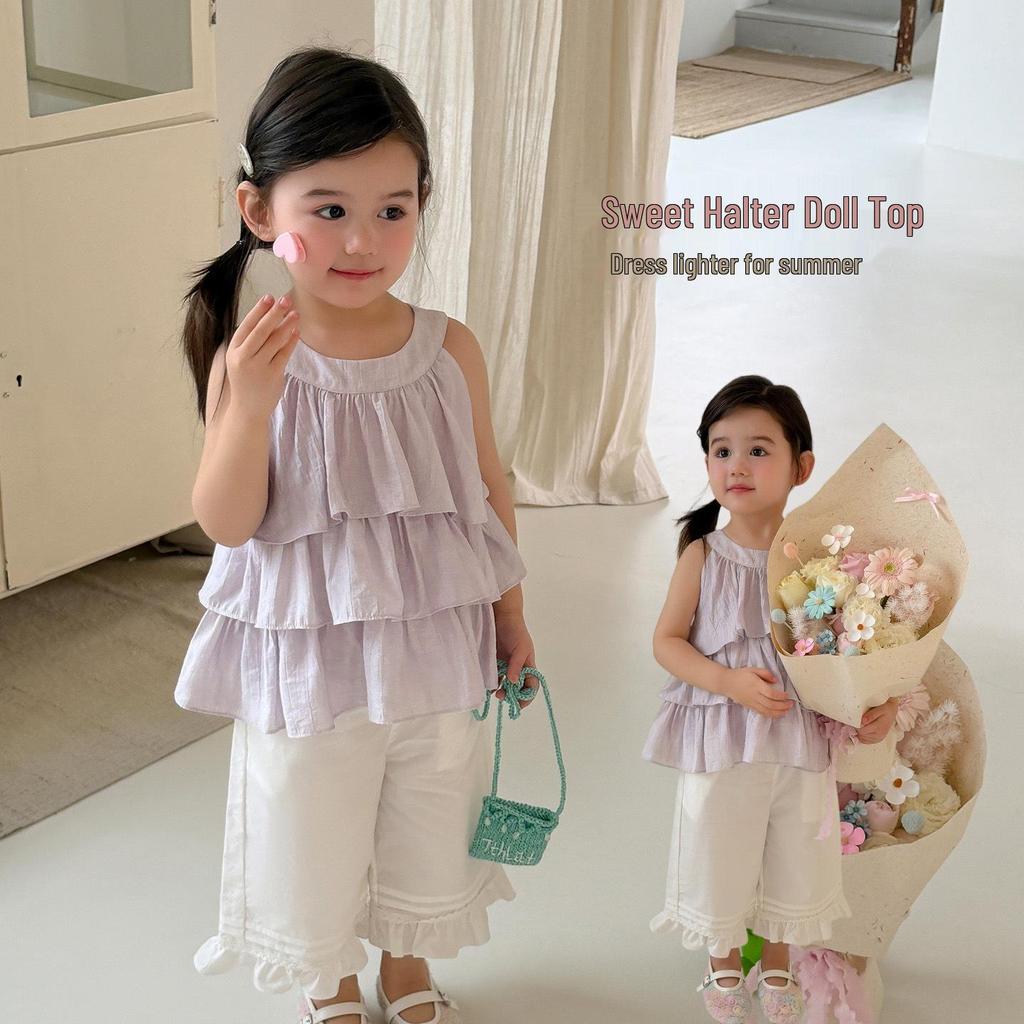 Large Size 26 New Summer Girls' Korean Halter Doll Top & Wide-Leg Pants Set - 710531