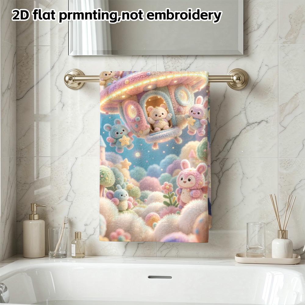 Cute UFO Space Rabbit Towel, Super Absorbent Soft Bath Towel, Pastel Moon Star Fantasy Kids Hand Towel
