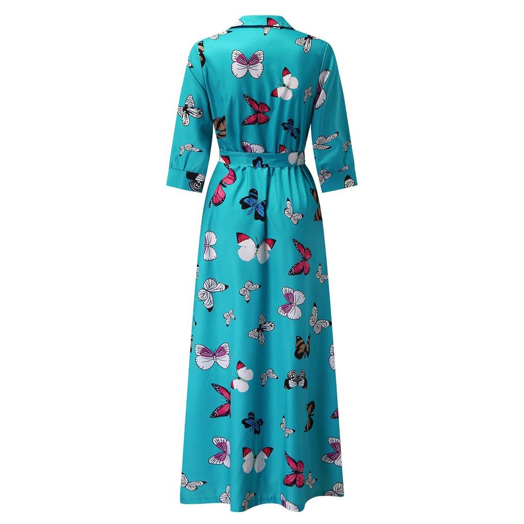 Damen Langarm Maxikleid V-Ausschnitt Knöchellang Langes Kleid Lässiges A-Linien-Kleid mit Gürtel