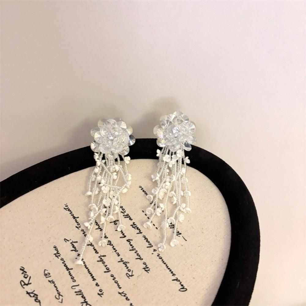 Rhinestone Floral Tassel Earrings Zinc Zinc Alloy Long Ear Drop Summer White Flower Earrings  Holiday