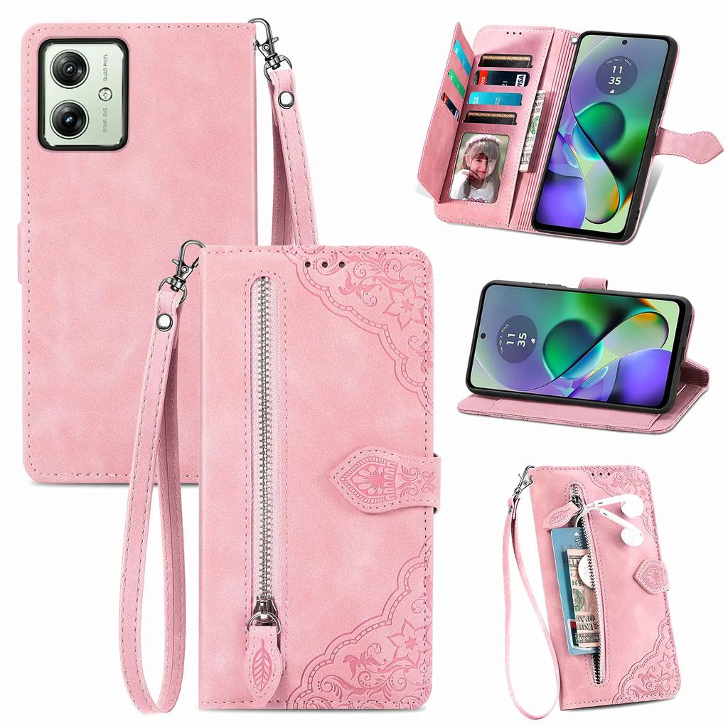 Zipper Cards Solt Leather Wallet Case for Motorola Moto G84 G54 G73 G53 G23 G72 G32 G60 G42 G52 Purse Pocket Stand Flower Cover