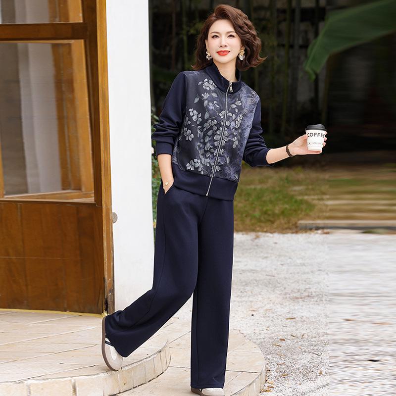 

2026 Spring/Summer Wide-Leg Pants & Stylish Loose Printed Top Two-Piece Set for Middle-aged & Elderly Women 5XL