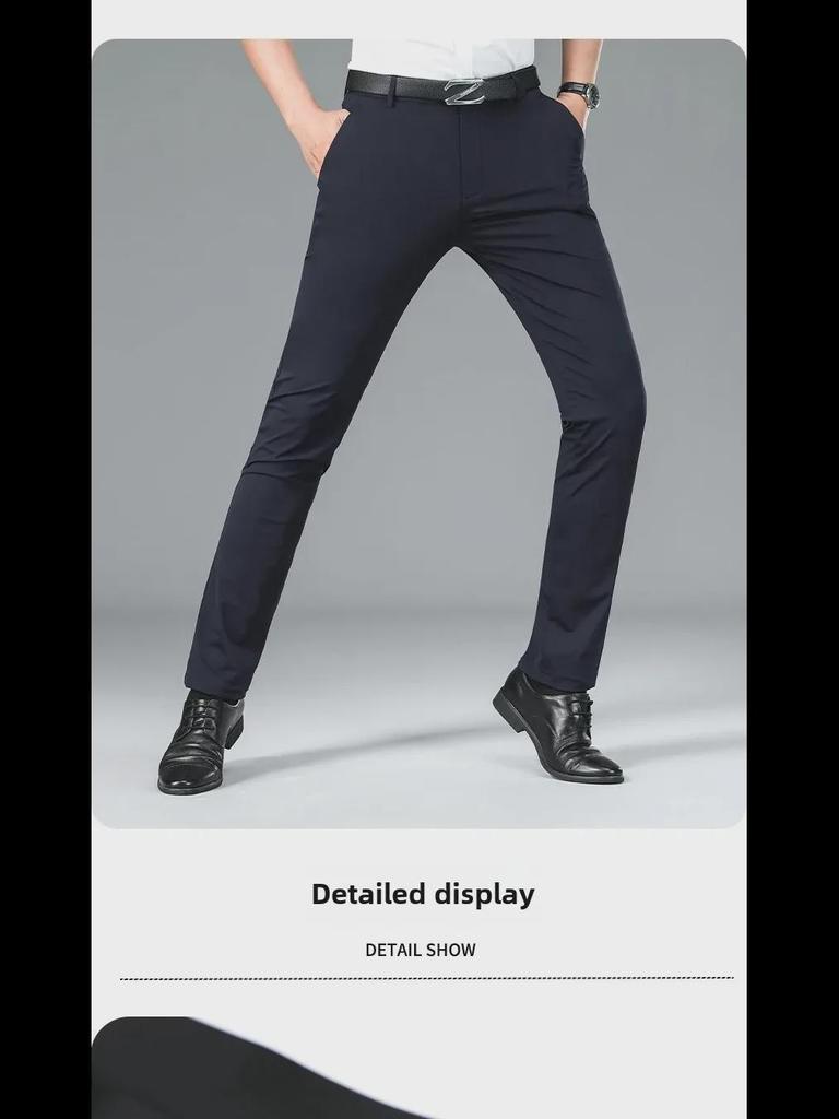 Men's Thickened Nylon Casual Pants - Milk Silk, High Elastic, Straight, Loose Business Trousers with Velvet Inside for Spring and Autumn.