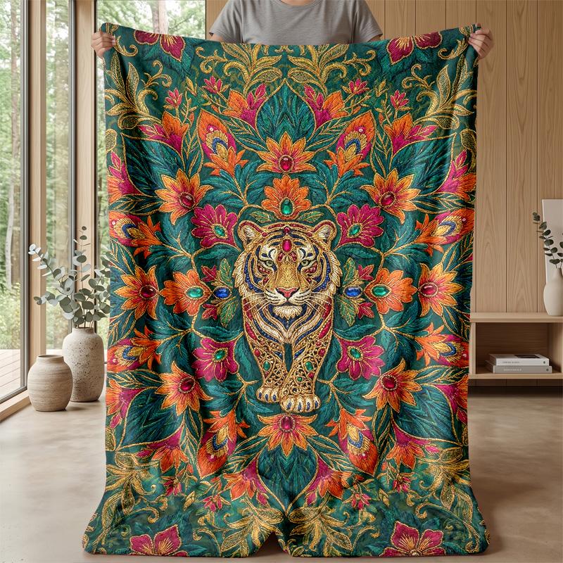 Tiger amidst floral splendor Theme blanket Lightweight Warm Flannel Blanket Decorative Throw Blanket for Home Decoration