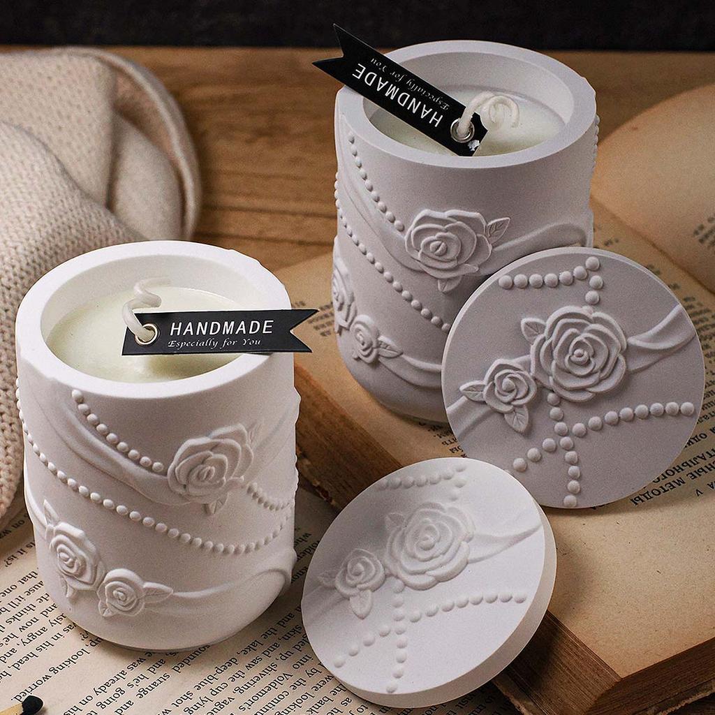 Pearl Ribbon Rose Candle Jar Silicone Mold DIY Relief Flower Shape Storage Box Making Molds Plaster Resin Vase Home Crafts Decor