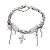 Silver Wing Crucifix Tassels Leather Choker Necklace Adjustable Length Clavicle Chain Stylish Accessory for Trendy Youth