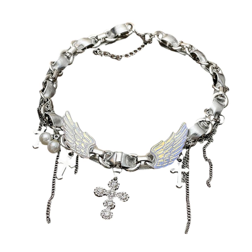 Silver Wing Crucifix Tassels Leather Choker Necklace Adjustable Length Clavicle Chain Stylish Accessory for Trendy Youth