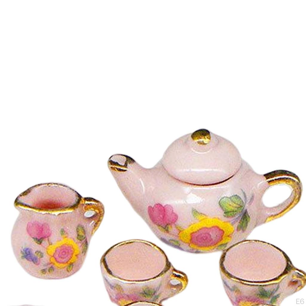 11 Pieces Mini Dollhouse Tea Set Ornament Kitchen Decorated Playset Ceramic Party Accessories