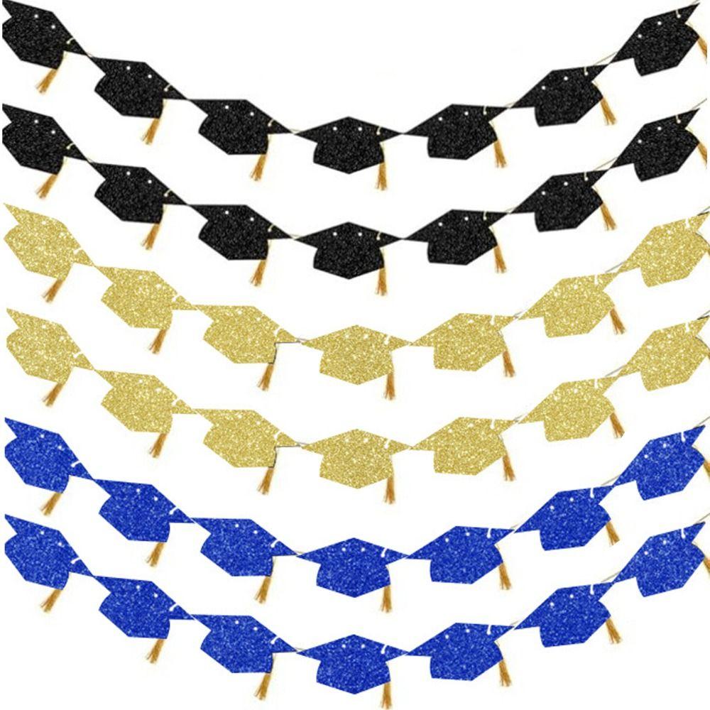 2Pcs Reusable Graduation Party Banner Shining Glitter Decor Bachelor Hat Banner with Tassels Celebration