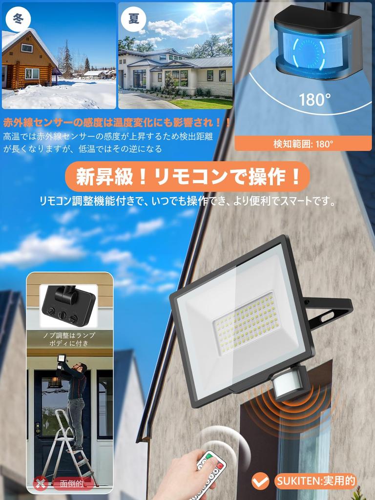 SUKITEN Motion Sensor Floodlight, Outdoor, Outlet-Compatible, Waterproof, 100W, 15000lm, Security Light, 100V, Stepless Dimming, 24-Hour