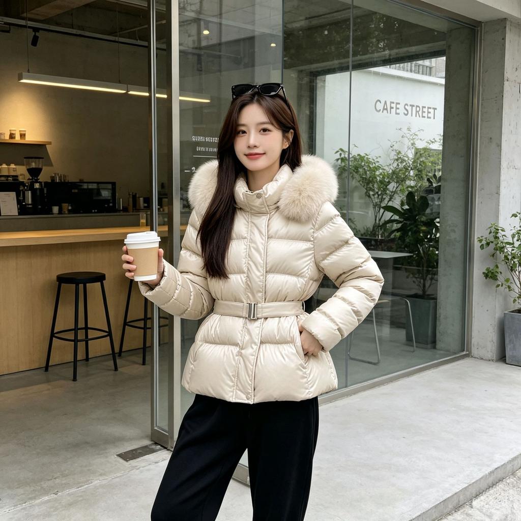 Winter new down cotton clothes big raccoon fur collar hooded waist strapped cotton clothes thickened and thin cold-proof jacket tide