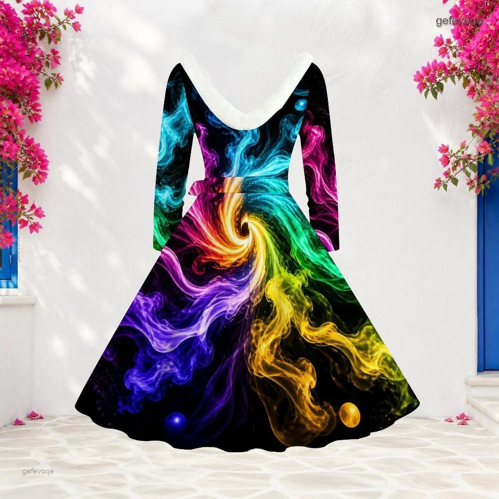 Women Plus Size Faux Fur Trim V Neck Long Sleeve Belted Abstract Print A Line Midi Dress