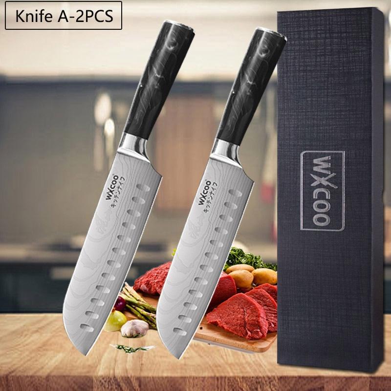 WXCOO Professional Kitchen Knives Household Meat Cleaver Serrated Steak Knives Japanese Santoku Fish Fillet Knife with Box