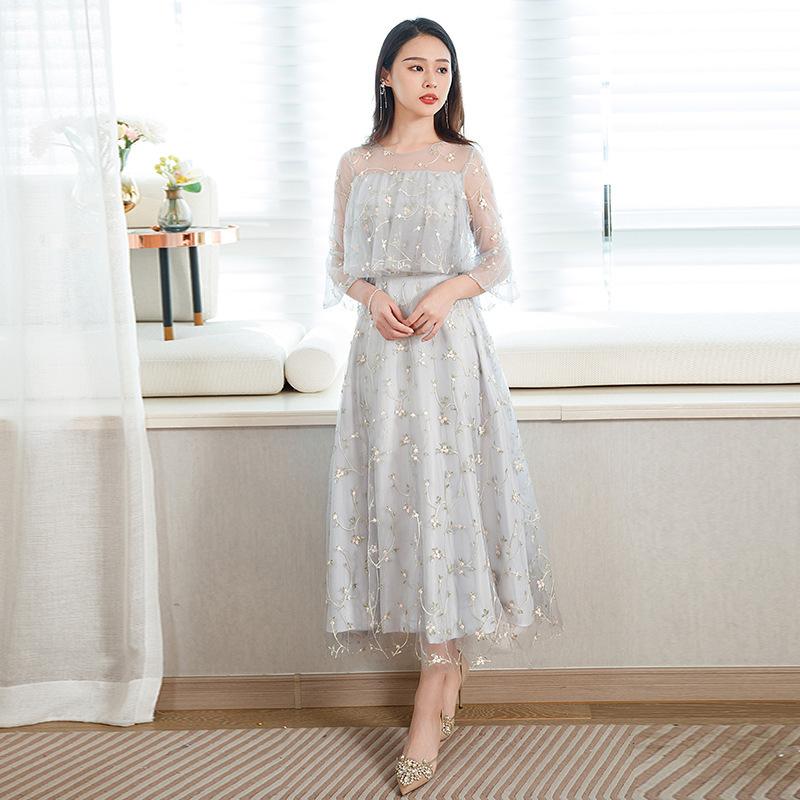 

Evening dress lace floral fashion long sleeves slim and thin host elegant long daily dress XS