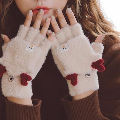 Gestrickte Halbfinger-Flip-Handschuhe Damen Herbst und Winter Niedliche Geweihe Warmes Kunstmink Studentisches Schreiben Fingerlose Handschuhe