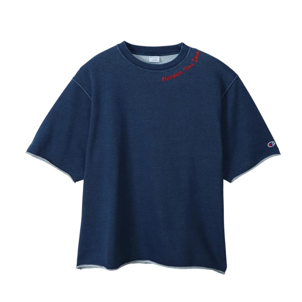 Champion Cotton USA Relax Fit Short Sleeve Sweatshirt with Embroidered Washed Men's Trim, Blue, C3-B011