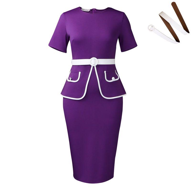 

D3339 Women s Clothing Fashion Fashion Elegance Elastic Hip Short Sleeve Ol Ol African Plus Size Dress Purple + belt L