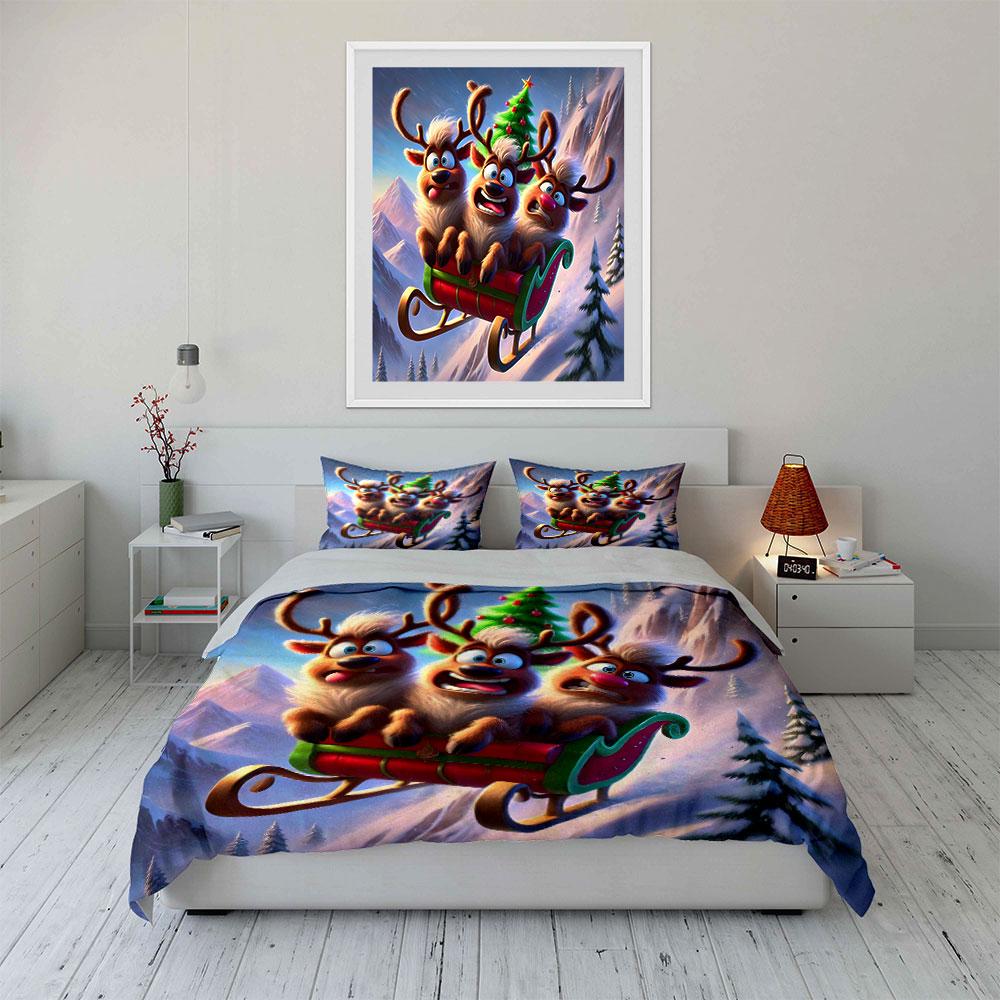 Three Reindeer Sledding Adventure Kid'S And Adults' Bedroom Decor, Exquisite Three-Piece Bedding Set Gift