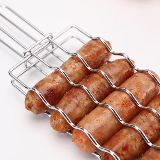 Stainless Steel Grill Basket with Handle Hot Dog Grilling Rack BBQ Sausage Holder Rust-Resistant Expandable BBQ Grill Tool for Outdoor Cooking