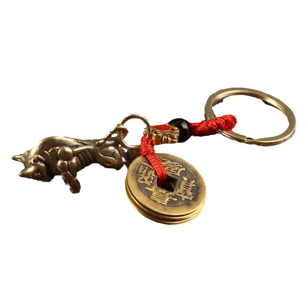 Brass Zodiac Keychain Pendant Zodiac Cow Car Bag Pendant Five Emperors Money Cow Copper Products