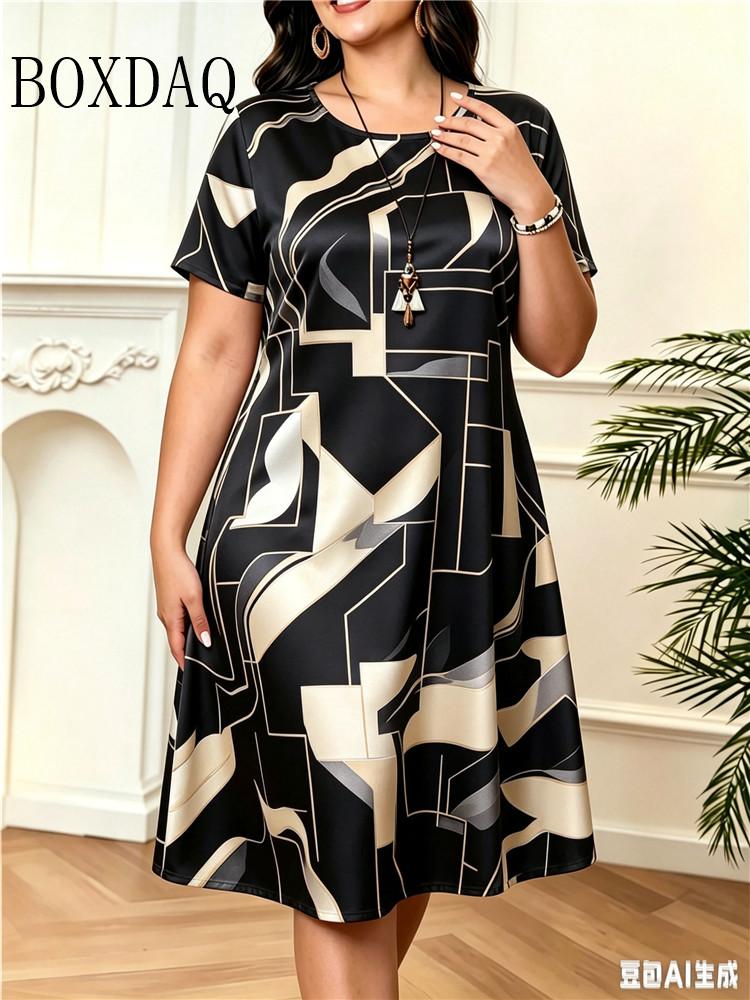 Geometric Design Pattern Print Women Dress Summer Fashion High Quality Casual Short Sleeve Round Neck Loose Home Dress Plus Size