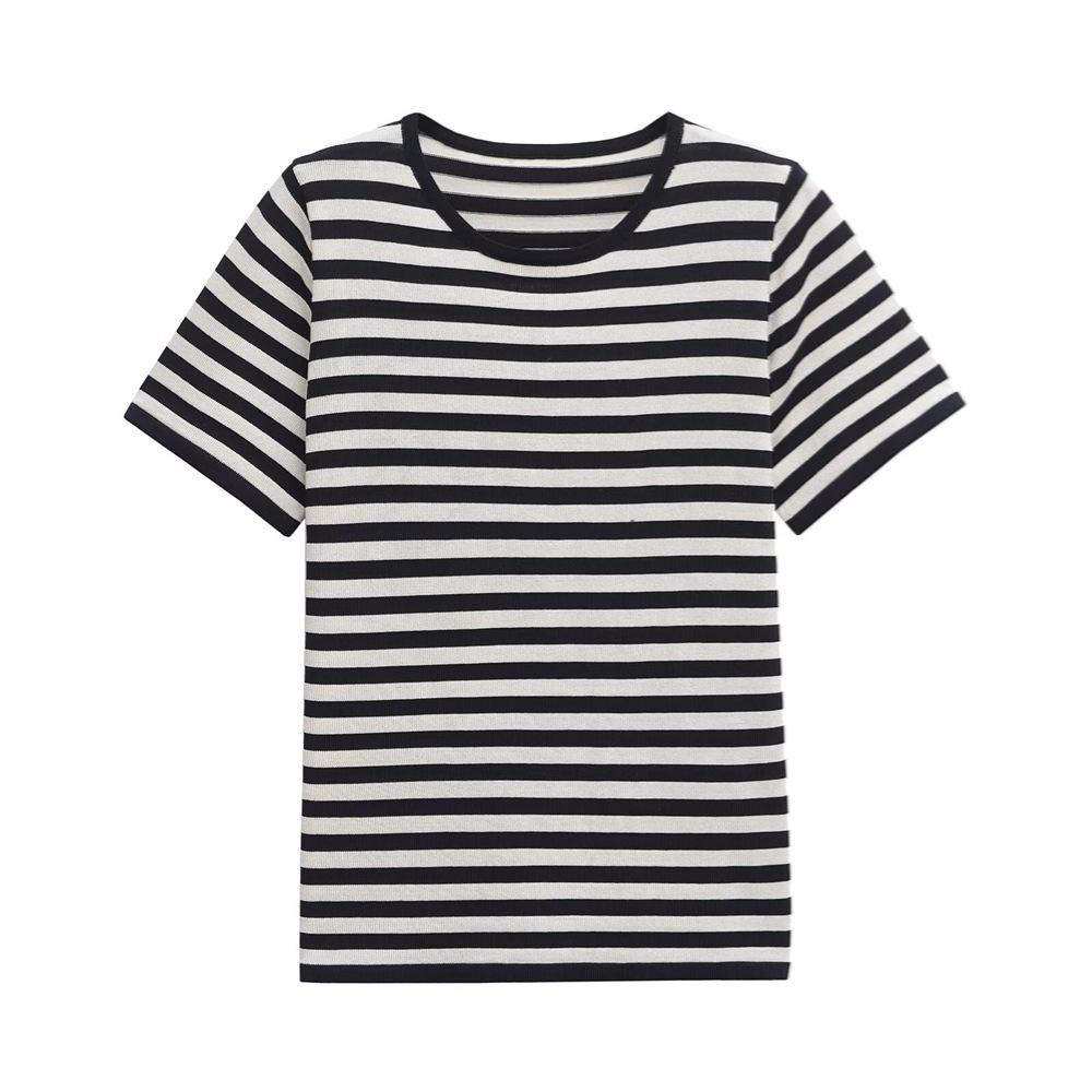 

Женский полосатый облегающий трикотажный топ с круглым вырезом и коротким рукавом - Коллекция весна/лето 2025 M чёрный