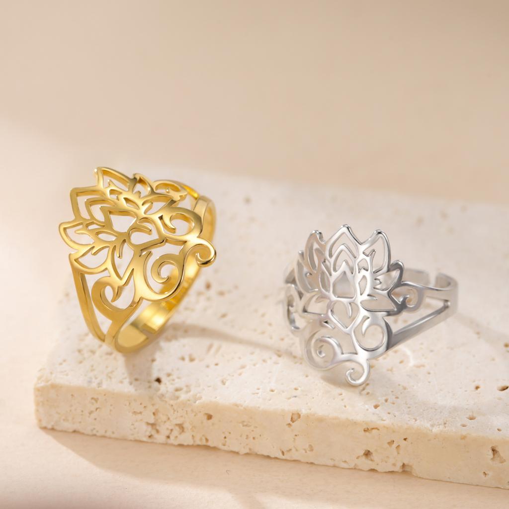 Retro Lotus OM Symbol Open Ring Stainless Steel Women's Buddhist Adjustable Talisman Couple Anniversary Jewelry Gift
