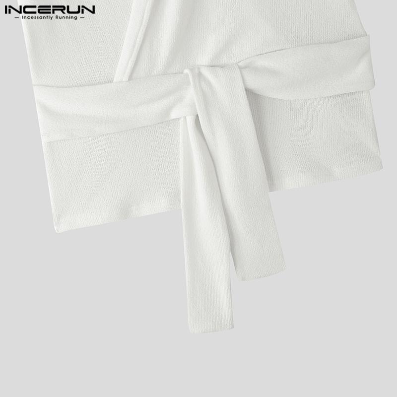 INCERUN Men V Neck Front Cross Lace-up Semi-Sheer Casual Texture Tops