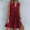 DX~~2023 Summer Europe and America V-neck Sexy Solid Color Dress Irregular Splice Sleeveless Commuter Big Swing Dress Women