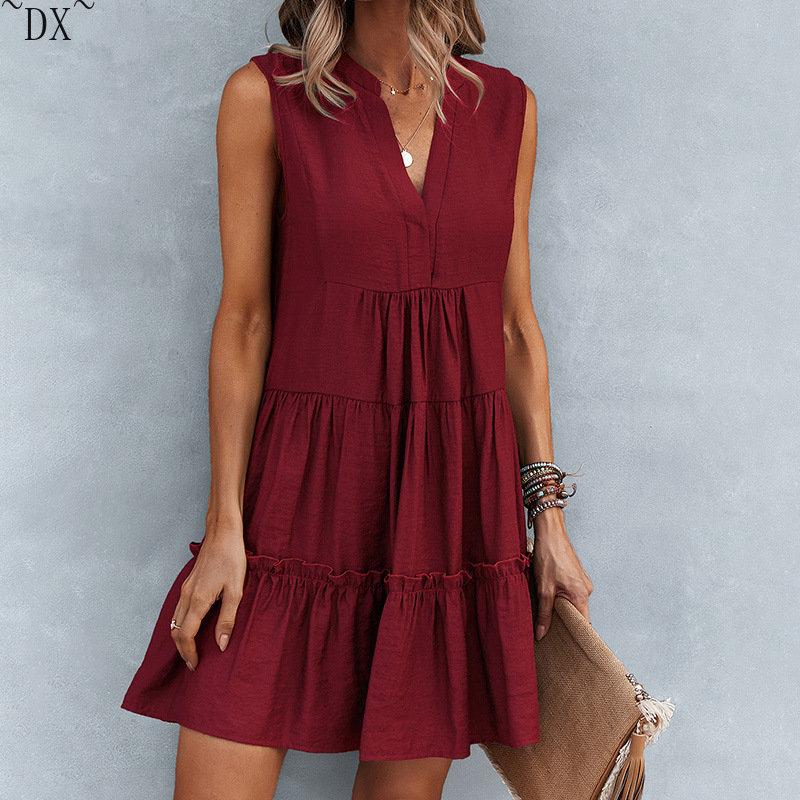 DX~~2023 Summer Europe and America V-neck Sexy Solid Color Dress Irregular Splice Sleeveless Commuter Big Swing Dress Women