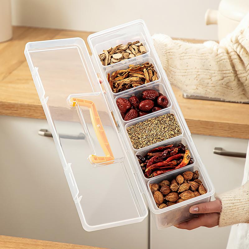 Transparent Plastic Food Storage Box With 6 Compartment Sealed Jar Moisture-proof Spice Container Kitchen Storage Organization