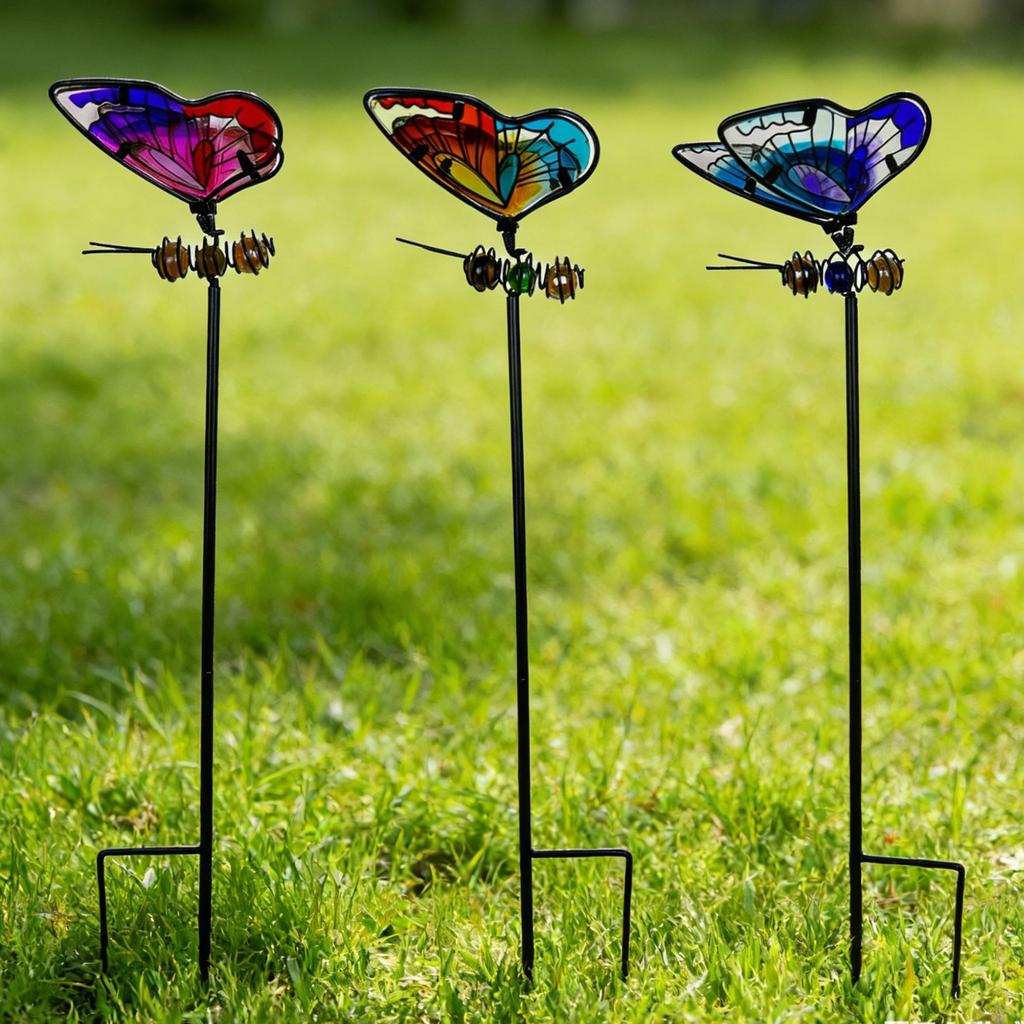 Metal Garden Stake Butterfly and Dragonfly Decorative Plant Pot Ornament Outdoor Yard Lawn Art Sculpture with Ground Insert