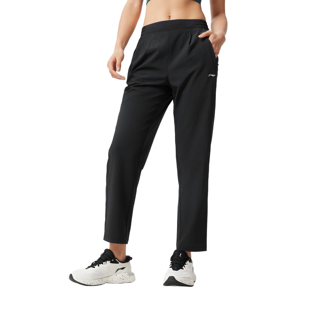 Li Ning Fitness Serie Lässig Einfarbig Einfach Gerades Bein Mittelhoch Geschnittene Gestrickte Sporthose Damen Unterteile Schwarz AYKV092-1