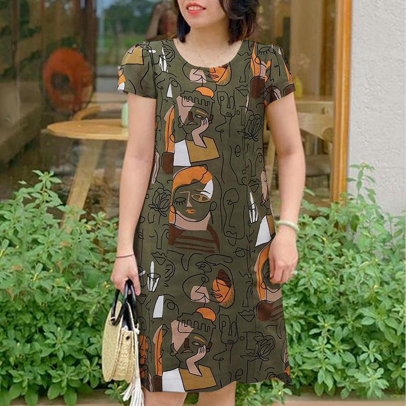 ZANZEA Damen Lässig Rundhals Sommer Kurzarm Print Kleid