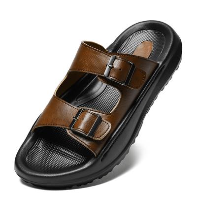 Pantoufles d'été pour hommes en cuir véritable de mode à double boucle en cuir de vache pour hôtel plage chaussures d'été de haute qualité à enfiler plates légères tongs masculines
