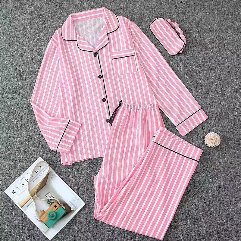 Women's Four Seasons Striped Pajama Set: Bubble Crepe Cotton, Long Sleeve, Long Pants, Eye Mask.