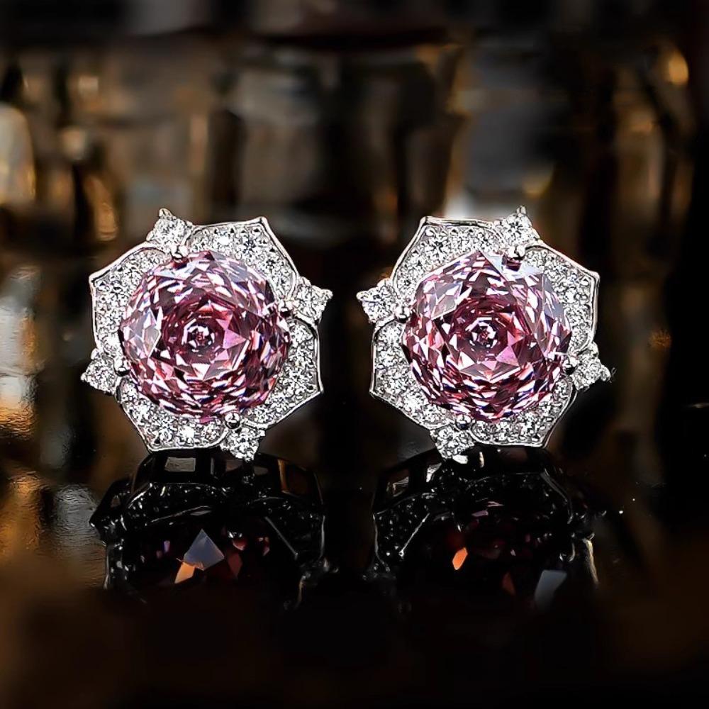 Octagonal Rose Cut Pink Diamond Floral Necklace Pendant High Carbon Diamond Earrings Rose Gold Ring Women Jewelry Set