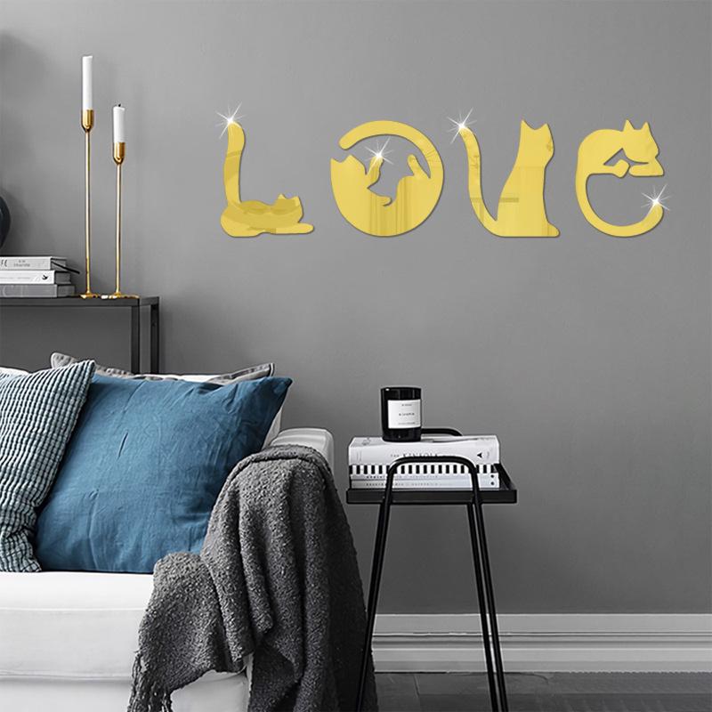 3D Acrylic Cat Cartoon Animal Mirror Wall Sticker - LOVE Design for Bedroom/TV Background