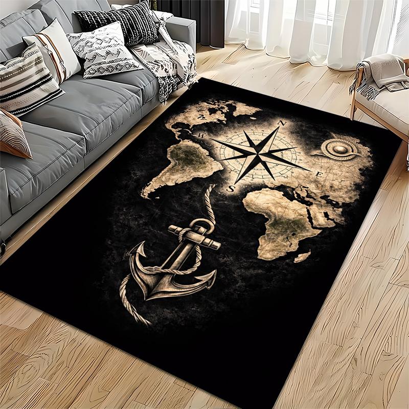 Nautical Art Area Rug, Vintage World Map Compass Anchor Rope Dark Sepia Print, Coastal Study Office Decor, Non-Slip Mat