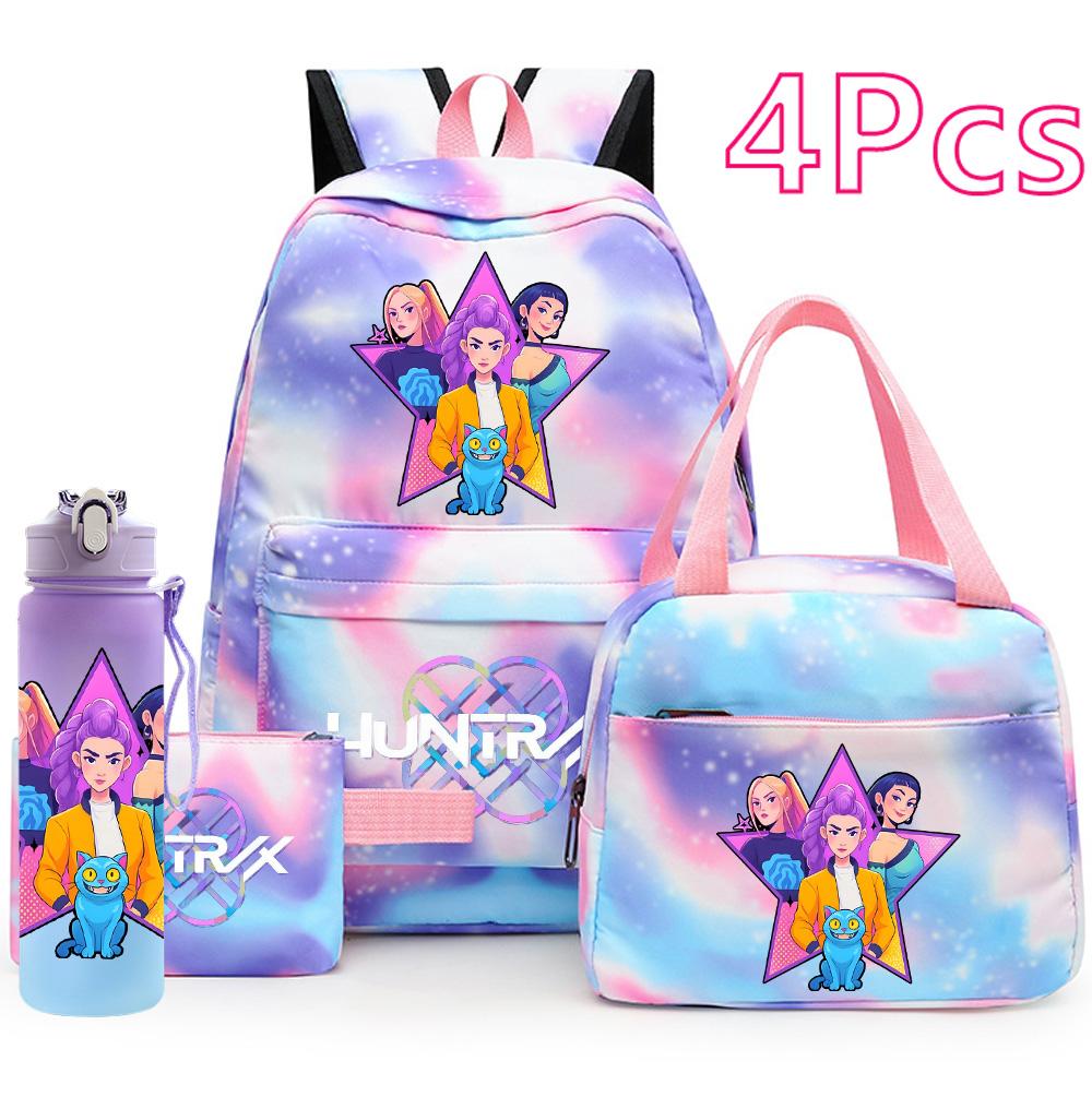 4Pcs/set K-Pop Demon Hunters Printed Backpack Handbag Pencil Case 750Ml Water Bottler for Teenager Boy Girl Large Capacity Waterproof Schoolbag