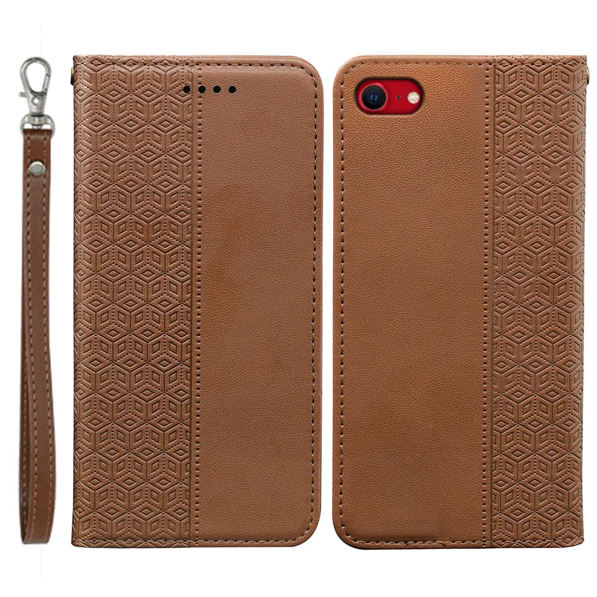 

For iPhone 16e Wallet Phone Case Strong Magnetic Checkered Pattern Imprint Leather Flip Cover Brown