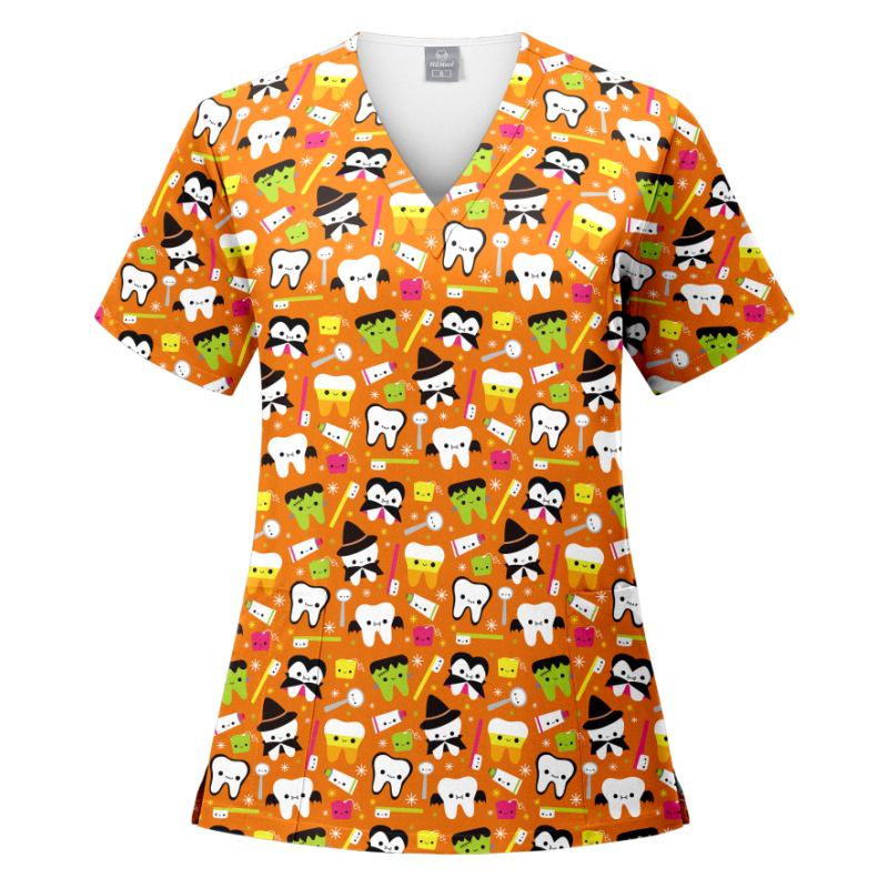 V-Neck Short Sleeve Printed Scrub Suit for Dental Clinics and Hospitals