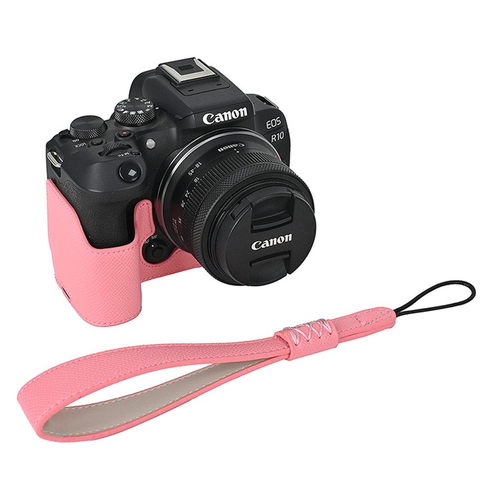 R10 Etui Pół-Kamerowe ze Skóry PU z Wzorem Dłoni dla Canon EOS R10 Z Otworem na Baterię Dolna Pokrywa z Paskiem na Rękę