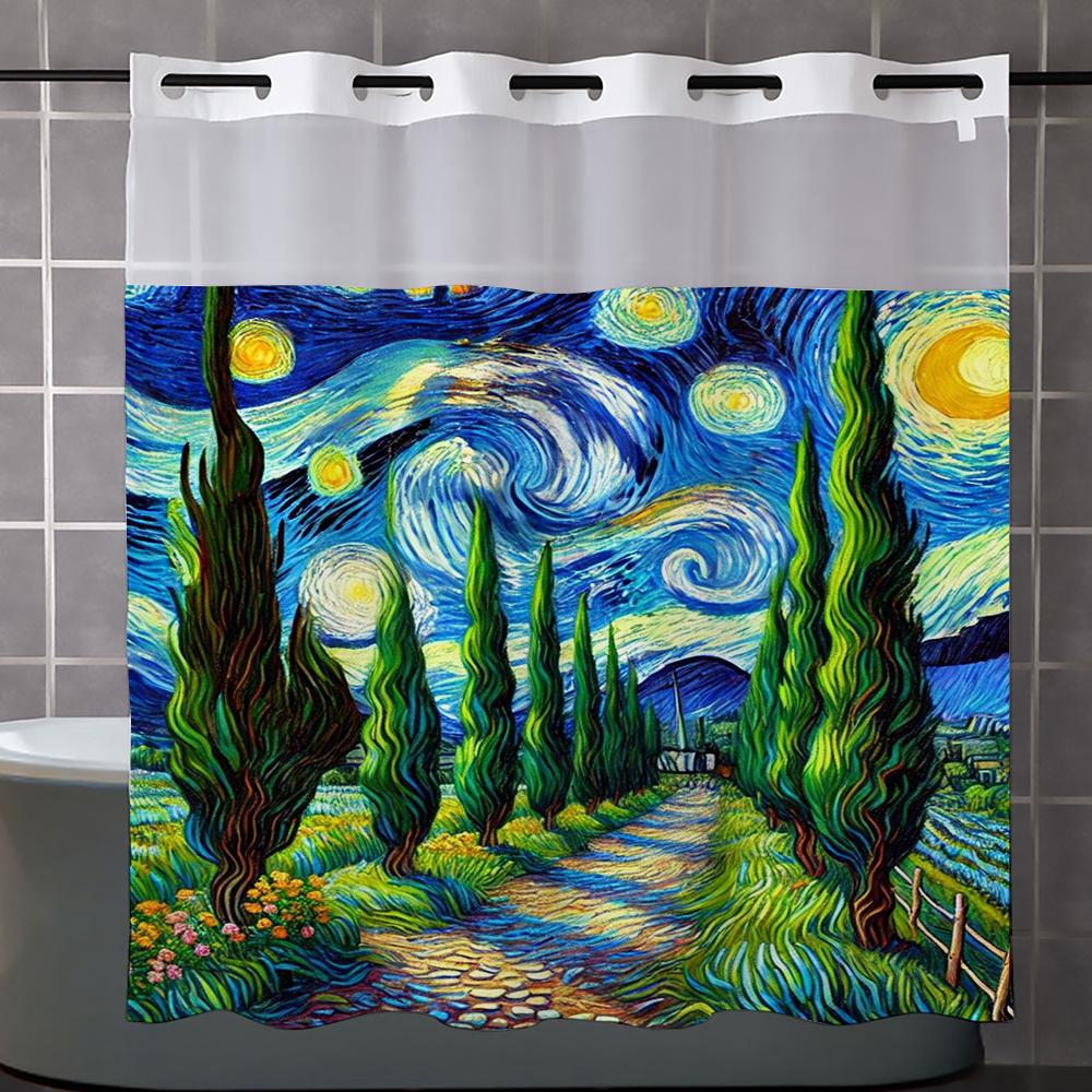 No Hook Sky Colored Drawing Shower Curtain With Snap-in Fabric Liner Sheer Top Window, Double Layer Bathtub Curtain